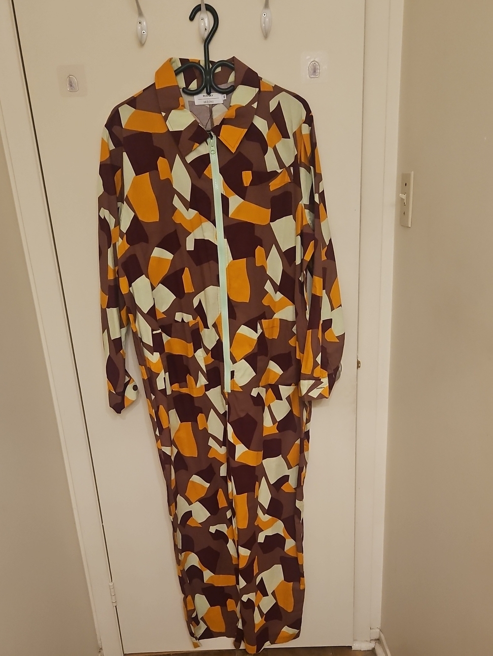 Abstract Colorblock Long Jumpsuit in Brown, Mustard & Cream